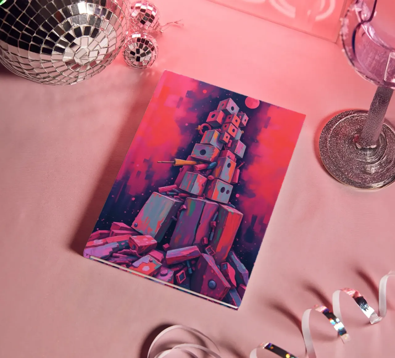 abstract tower of blocks pink art at night with a crescent notebook by DesignDoodle