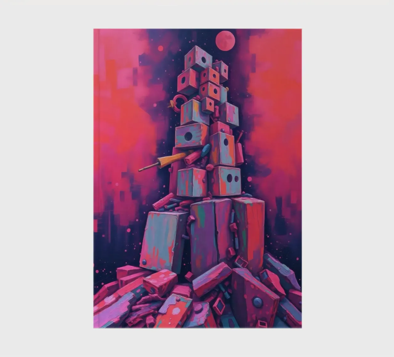 abstract tower of blocks pink art at night with a crescent notebook by DesignDoodle