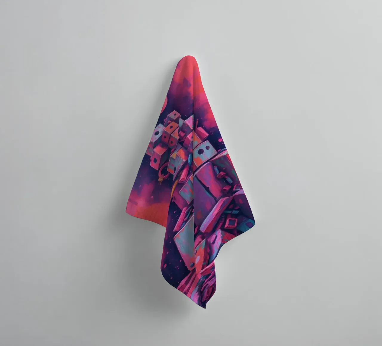 abstract tower of blocks pink art at night with a crescent towel by DesignDoodle
