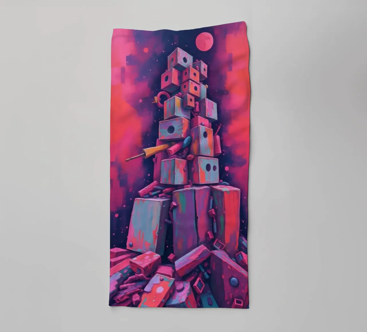 abstract tower of blocks pink art at night with a crescent towel by DesignDoodle