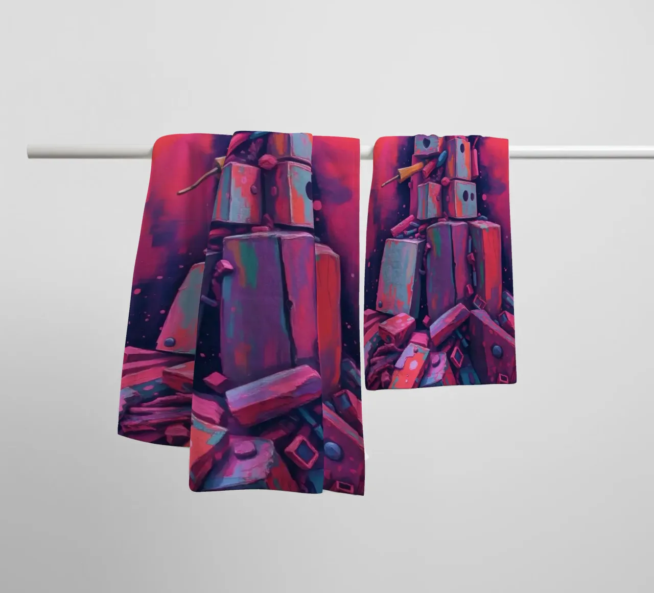 abstract tower of blocks pink art at night with a crescent towel by DesignDoodle