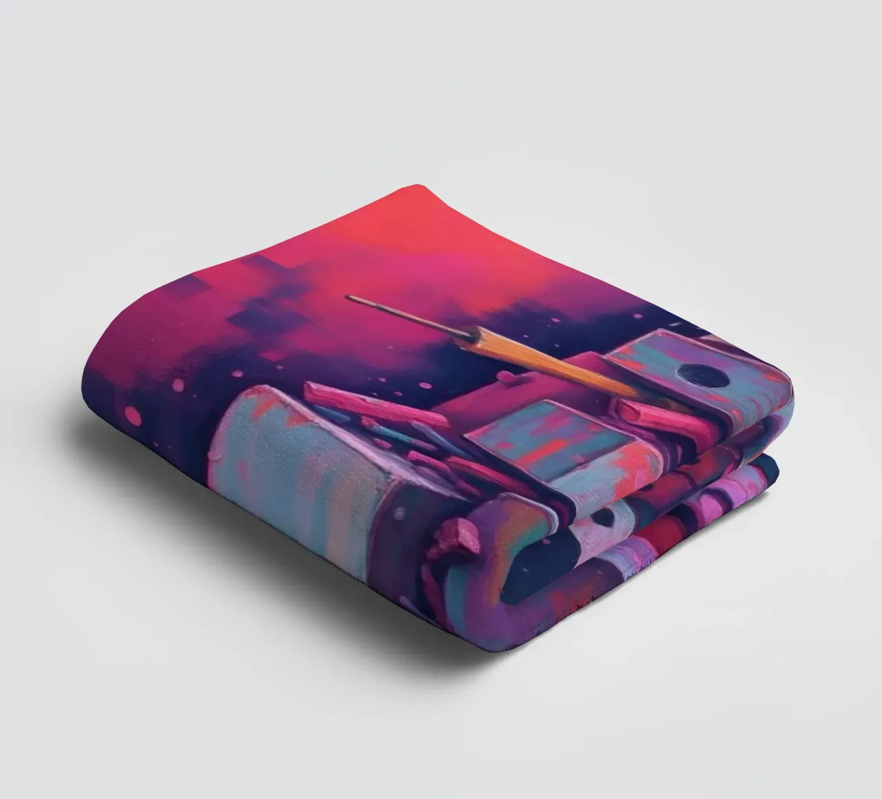 abstract tower of blocks pink art at night with a crescent towel by DesignDoodle