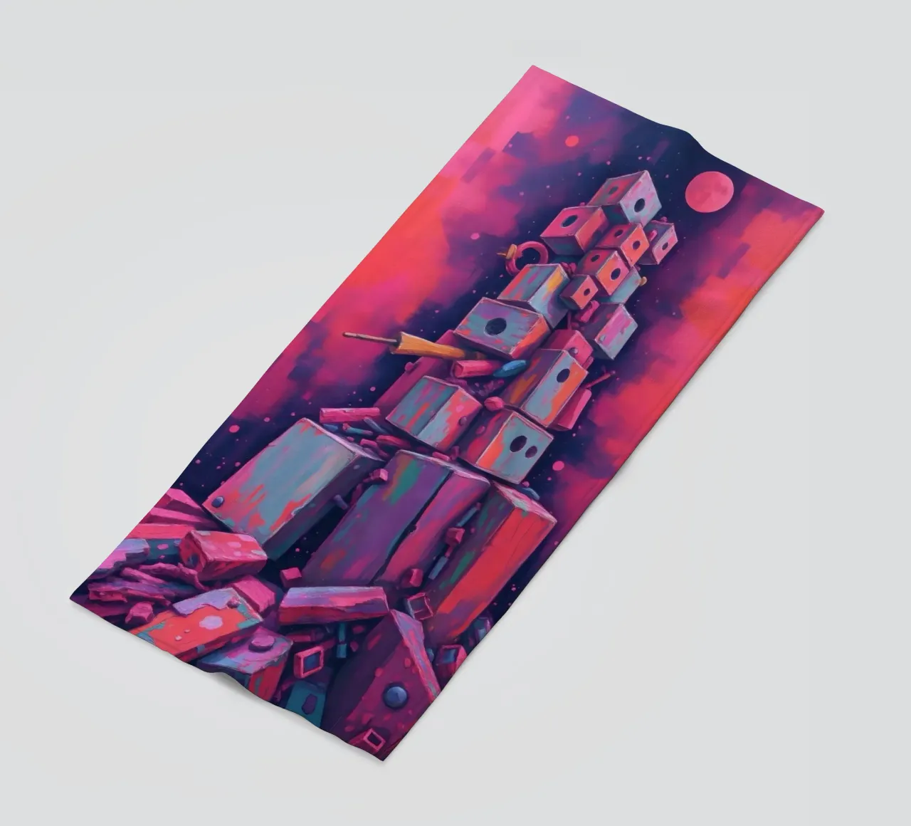 abstract tower of blocks pink art at night with a crescent beach towel by DesignDoodle