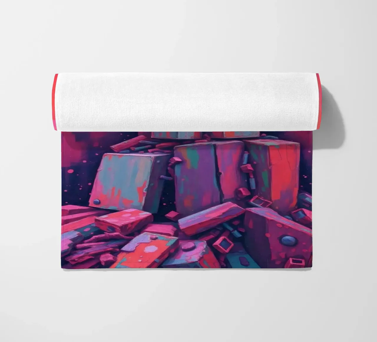 abstract tower of blocks pink art at night with a crescent beach towel by DesignDoodle