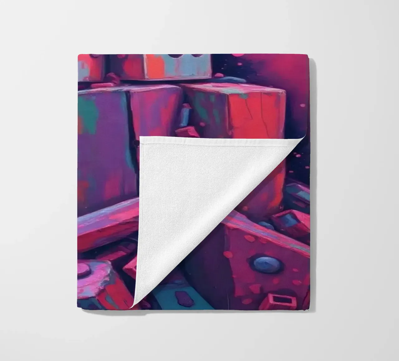 abstract tower of blocks pink art at night with a crescent beach towel by DesignDoodle
