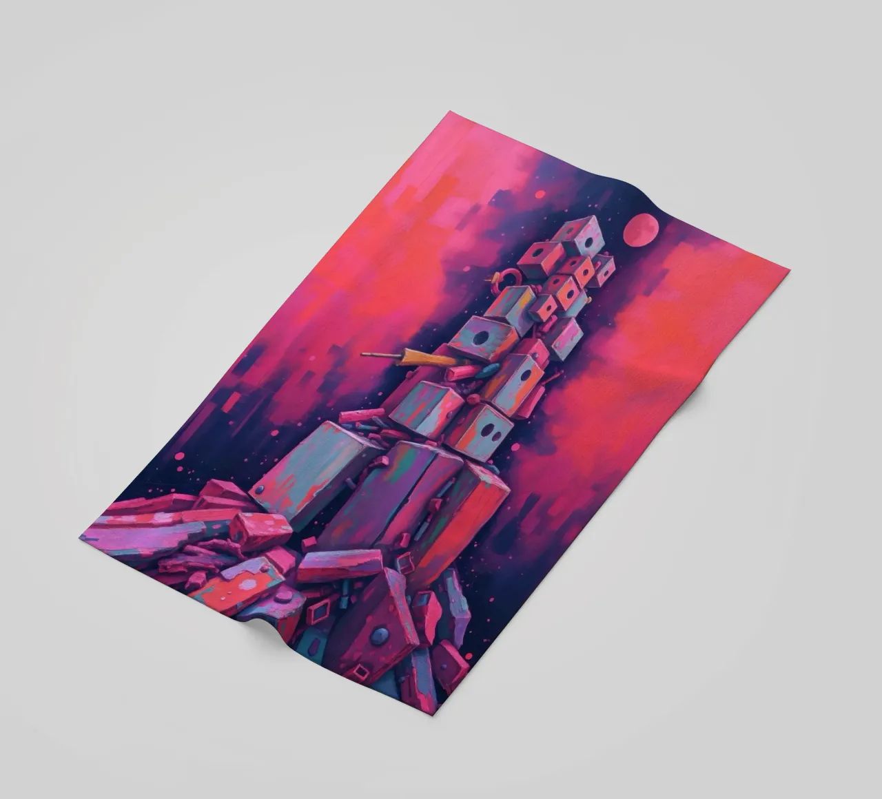 abstract tower of blocks pink art at night with a crescent beach towel by DesignDoodle