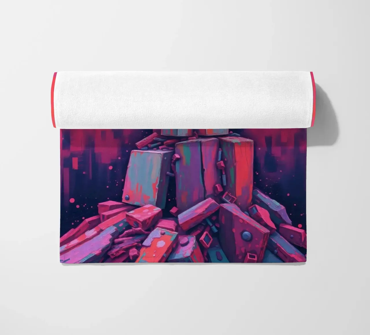abstract tower of blocks pink art at night with a crescent beach towel by DesignDoodle