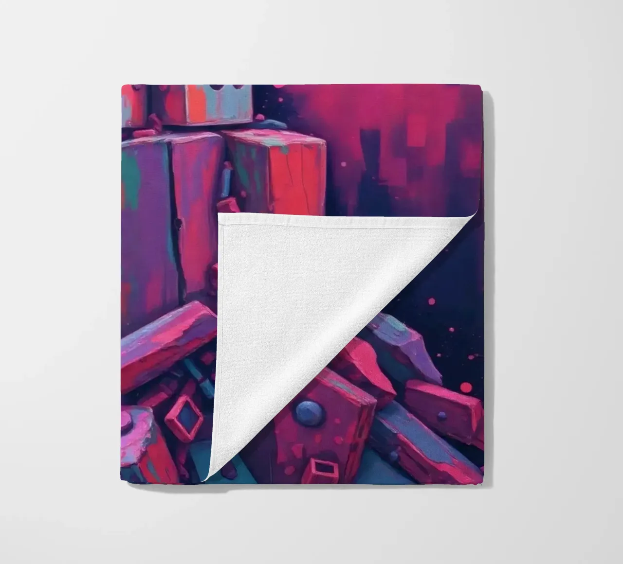 abstract tower of blocks pink art at night with a crescent beach towel by DesignDoodle