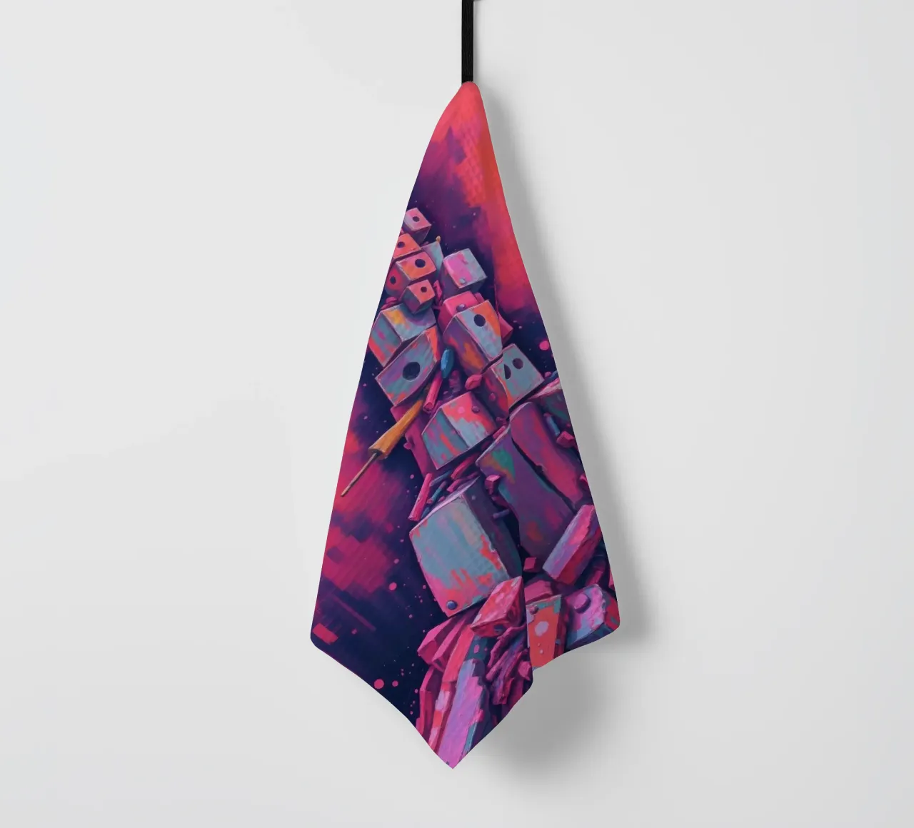 abstract tower of blocks pink art at night with a crescent tea towel by DesignDoodle
