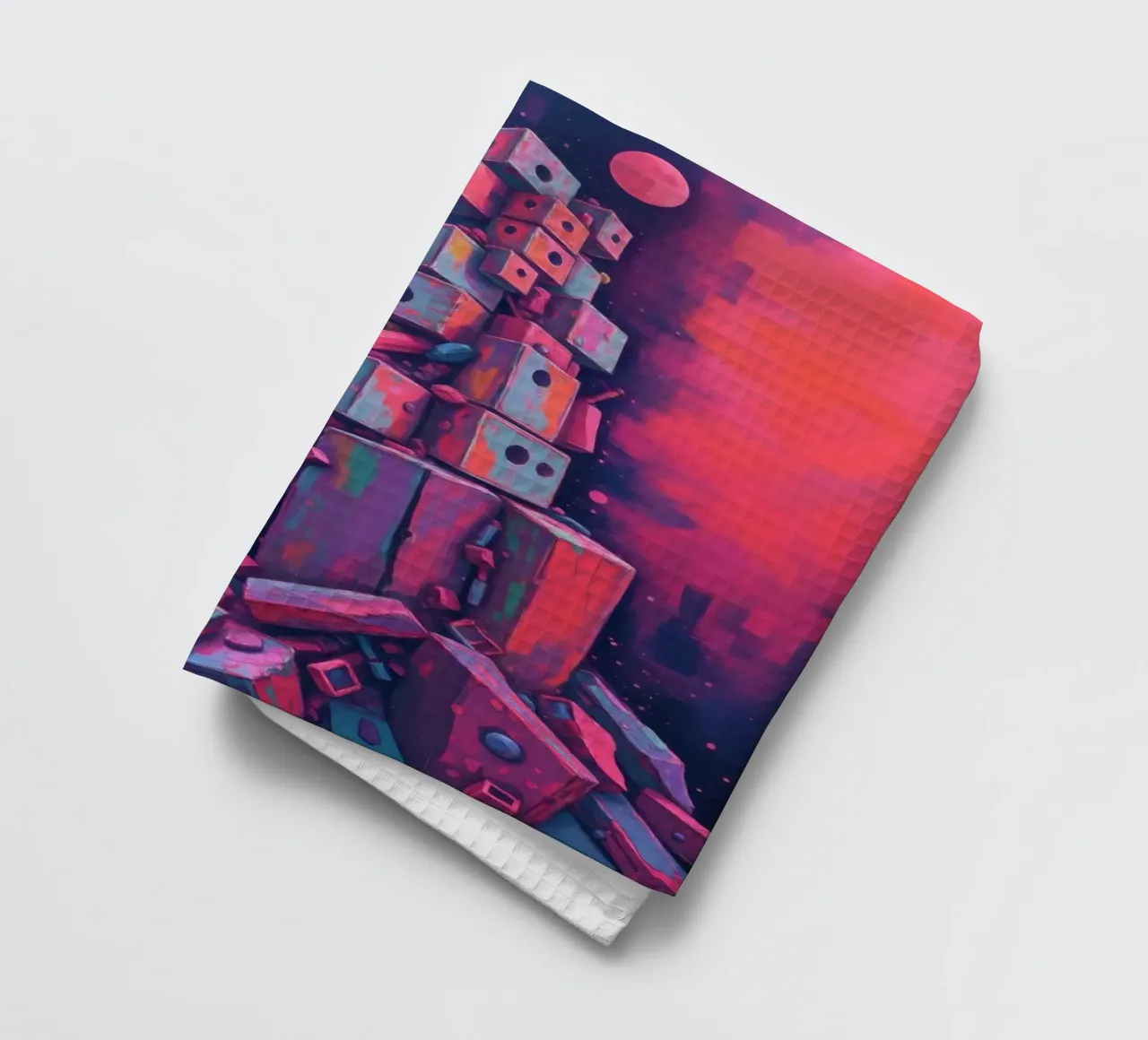 abstract tower of blocks pink art at night with a crescent tea towel by DesignDoodle