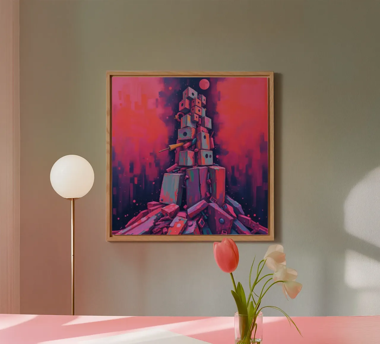 abstract tower of blocks pink art at night with a crescent forex plate by DesignDoodle