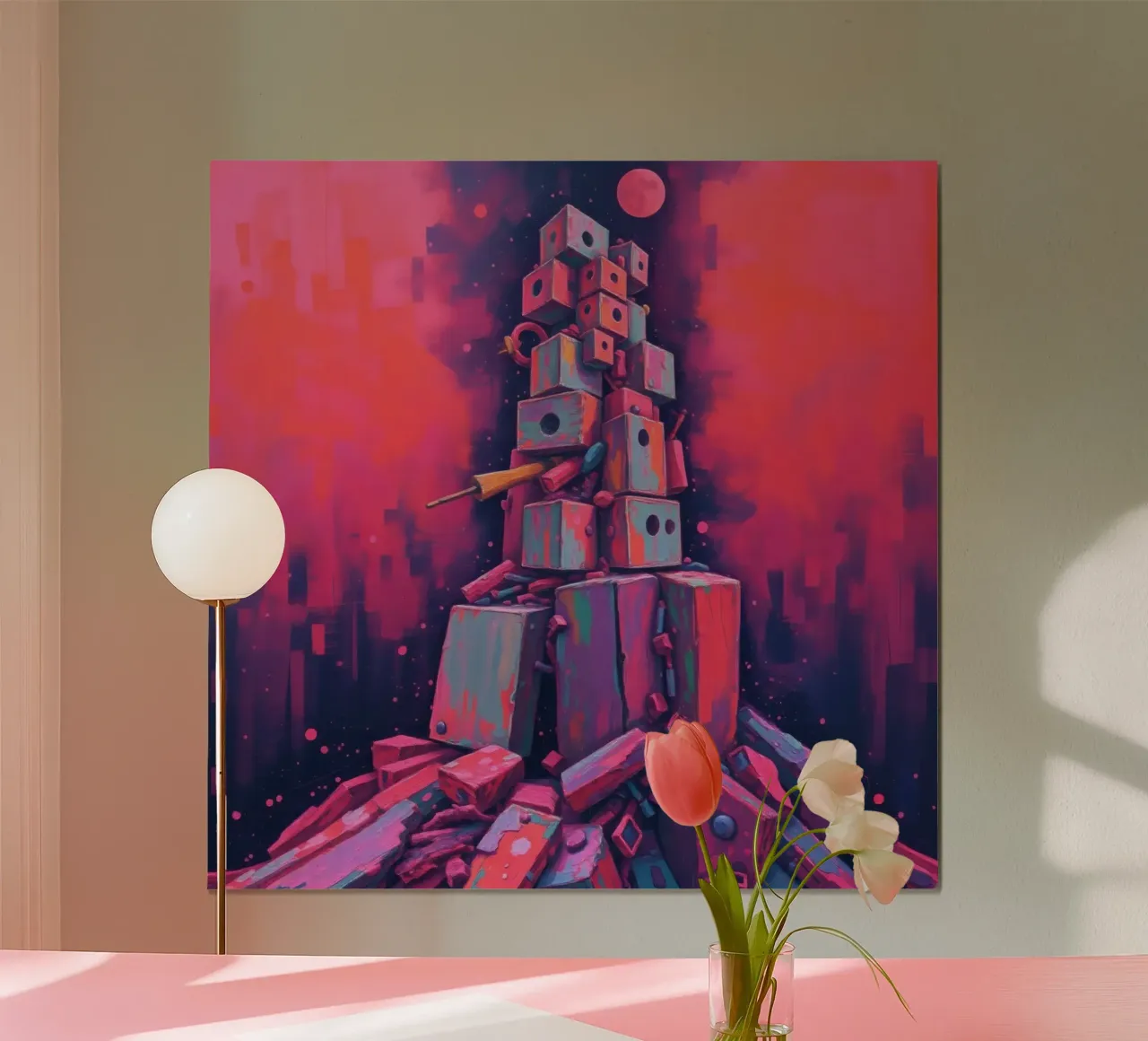 abstract tower of blocks pink art at night with a crescent hahnemühle by DesignDoodle