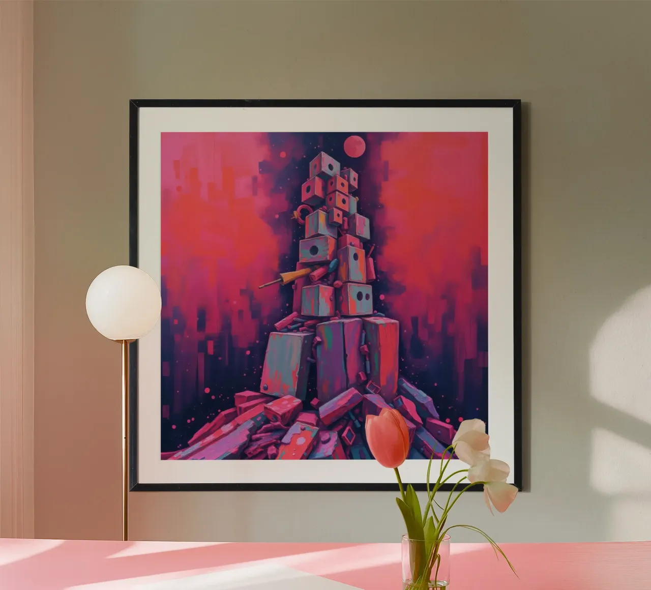 abstract tower of blocks pink art at night with a crescent hahnemühle by DesignDoodle