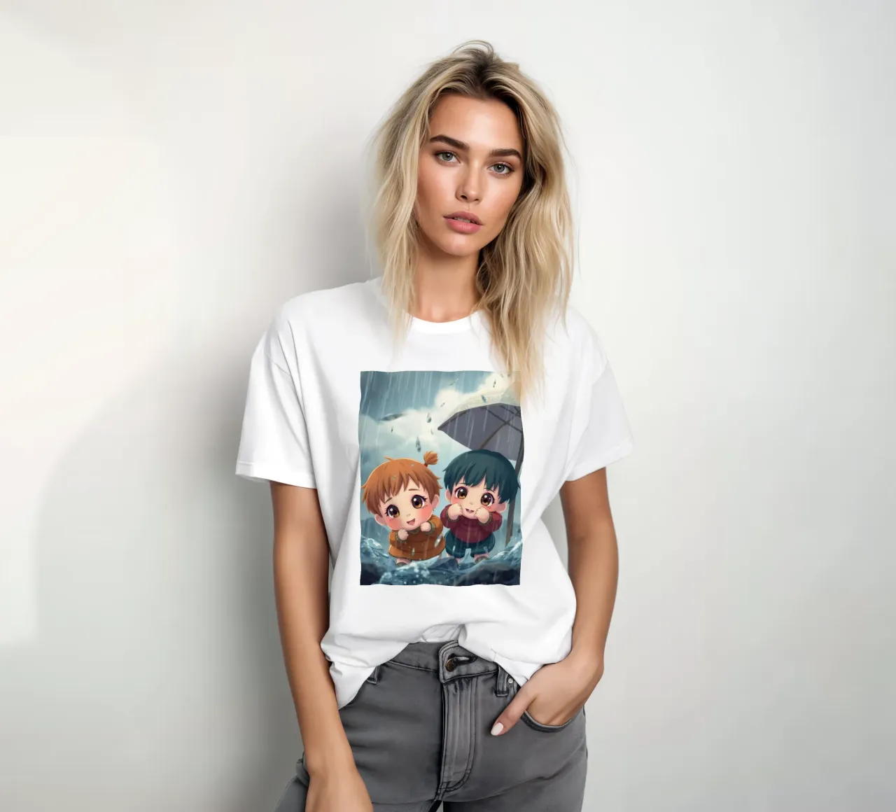 I bambini giocano allegramente sotto la pioggia sotto un accogliente ombrello t-shirt da DesignDoodle