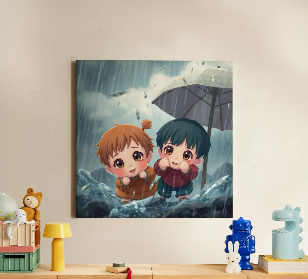 I bambini giocano allegramente sotto la pioggia sotto un accogliente ombrello tela con Cornice a cassetta da DesignDoodle