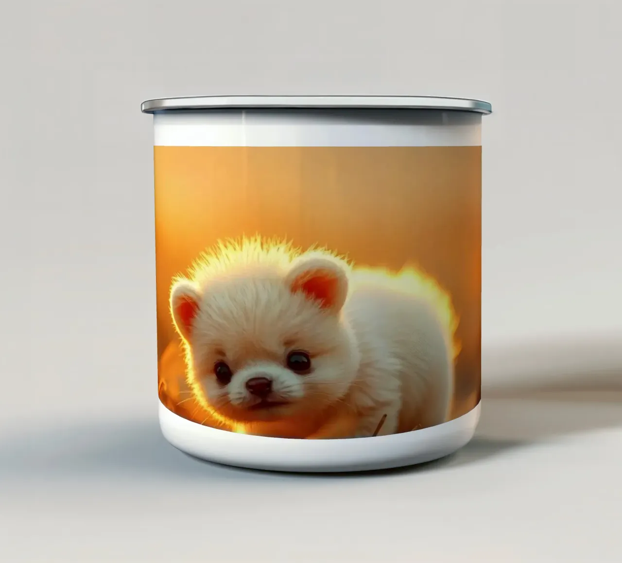 Cucciolo carino che cammina nell'erba, ora d'oro con la luce del sole tazza in smalto da DesignDoodle
