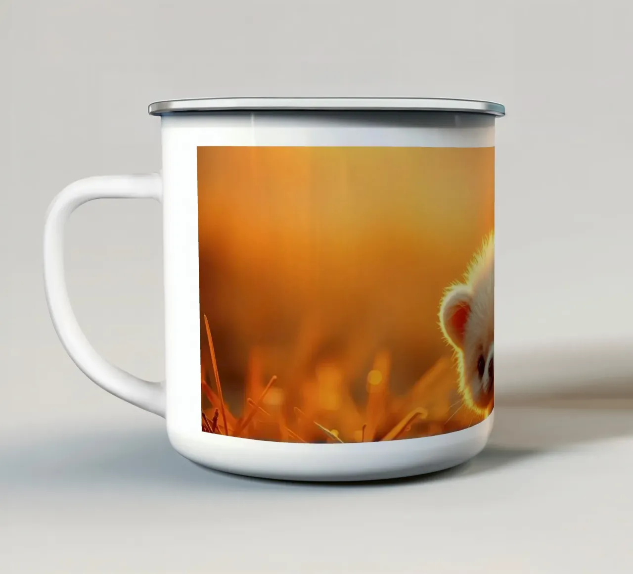 Cucciolo carino che cammina nell'erba, ora d'oro con la luce del sole tazza in smalto da DesignDoodle