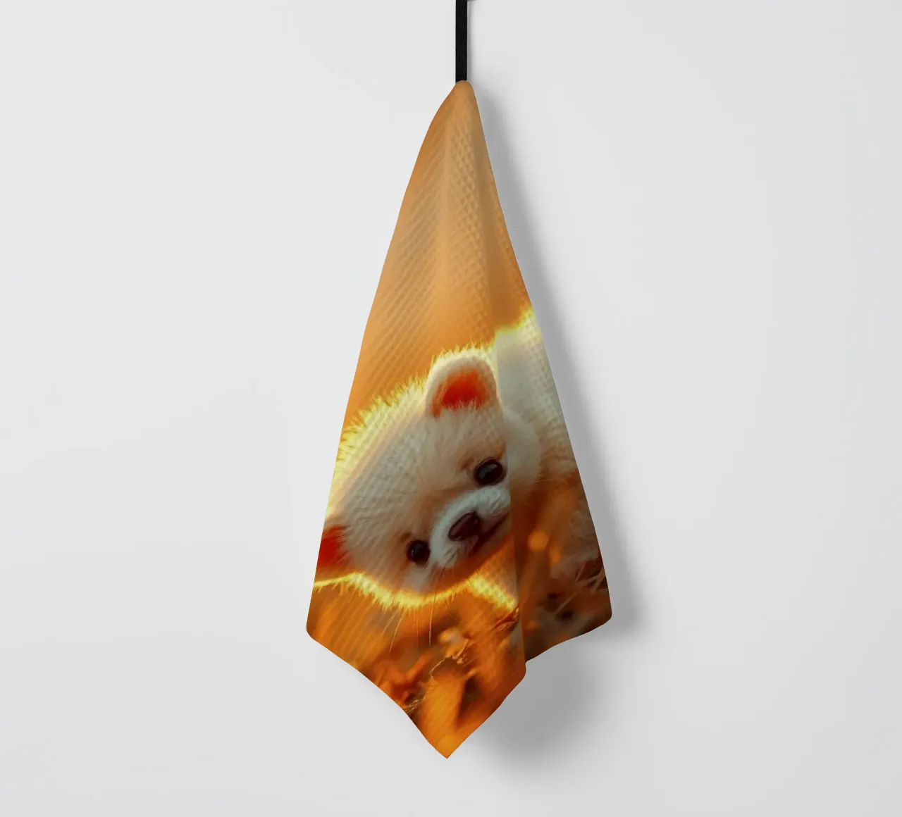 Chiot mignon marchant dans l'herbe, heure dorée avec lumière du soleil torchon de DesignDoodle