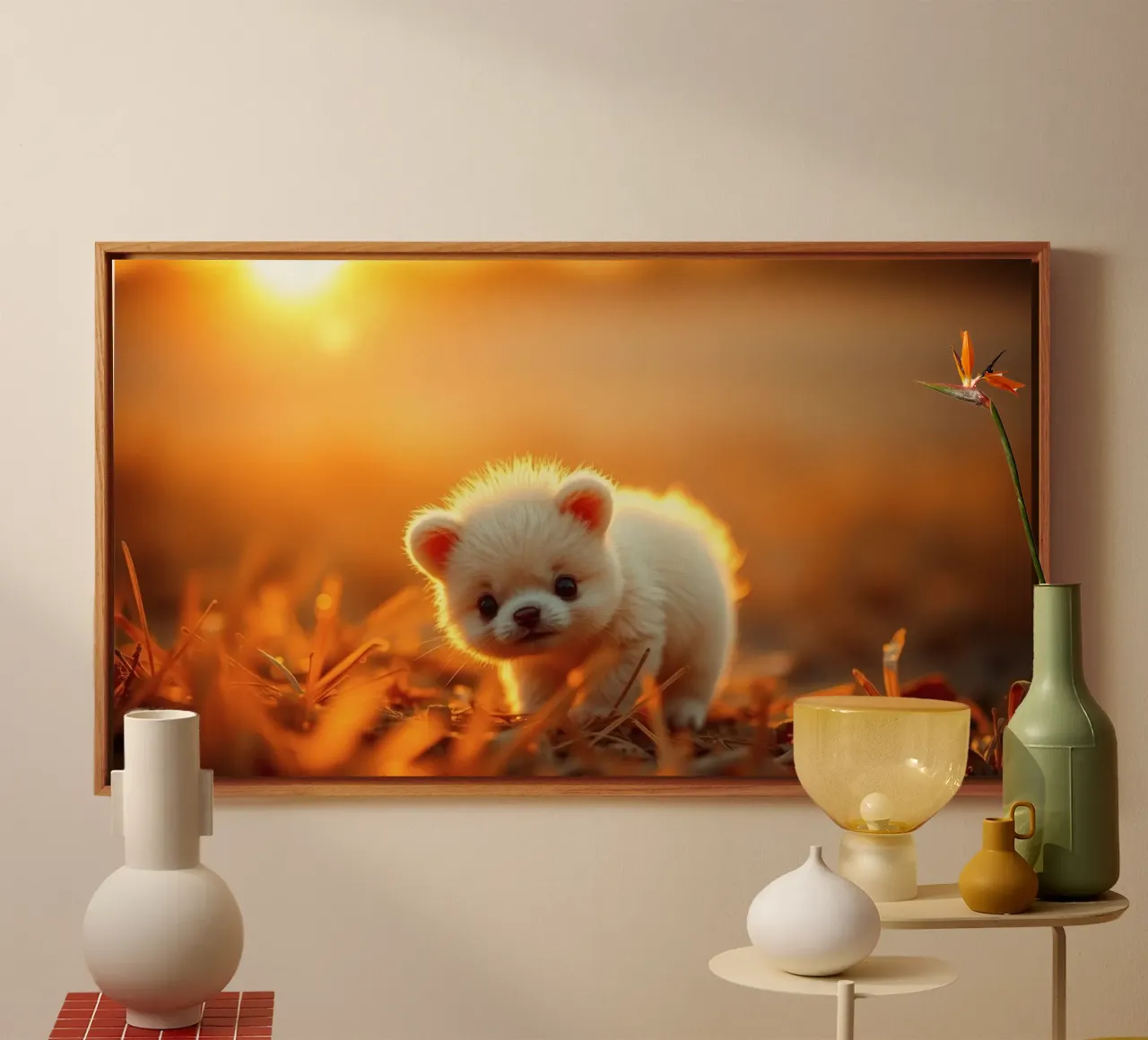 Chiot mignon marchant dans l'herbe, heure dorée avec lumière du soleil toile avec Caisse américaine de DesignDoodle