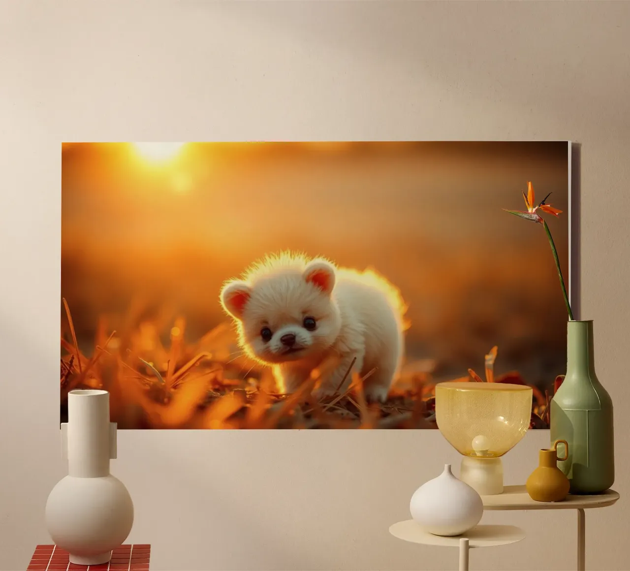 Chiot mignon marchant dans l'herbe, heure dorée avec lumière du soleil toile avec Caisse américaine de DesignDoodle