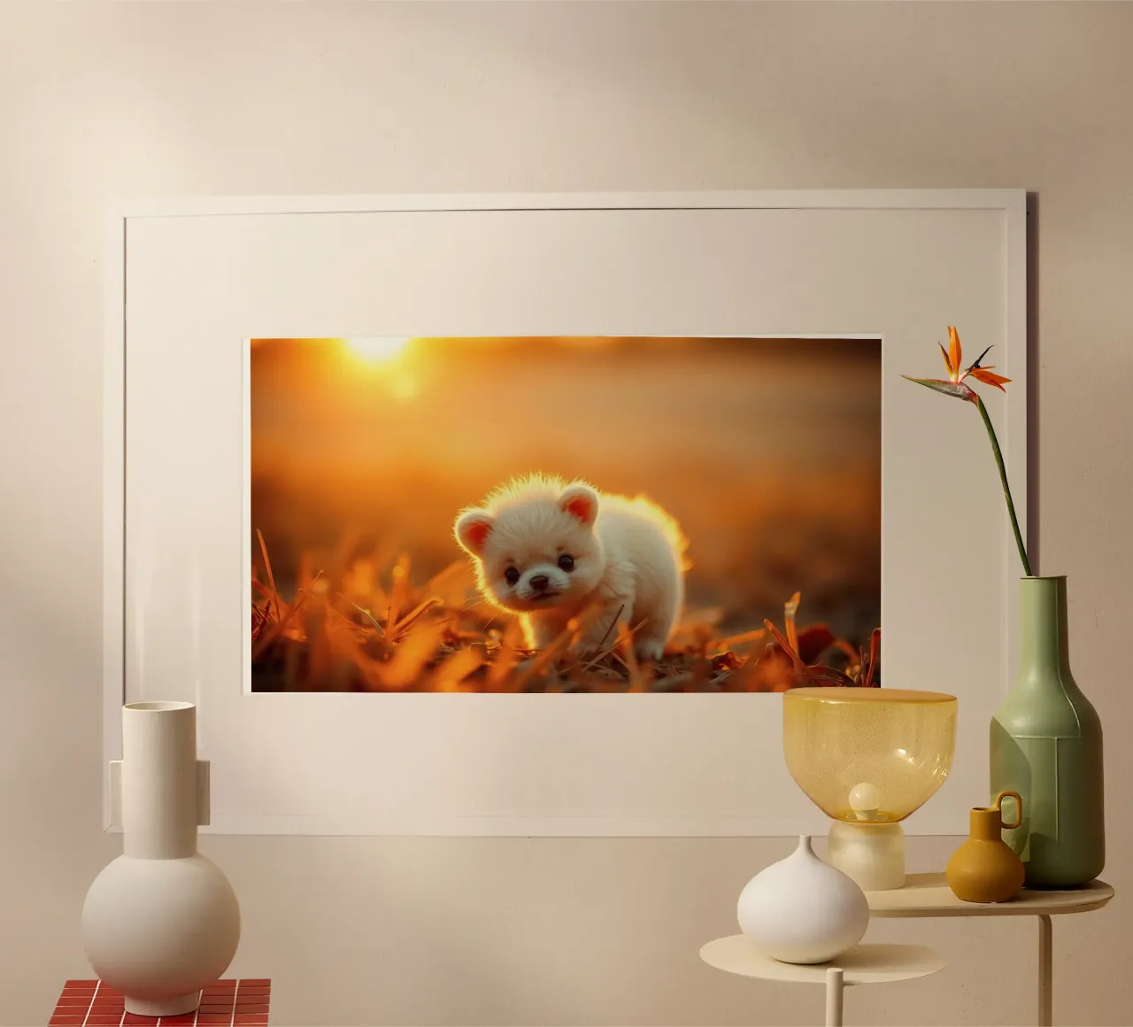 Cucciolo carino che cammina nell'erba, ora d'oro con la luce del sole poster da DesignDoodle