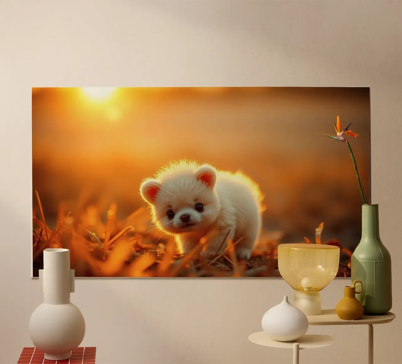Cucciolo carino che cammina nell'erba, ora d'oro con la luce del sole poster da DesignDoodle