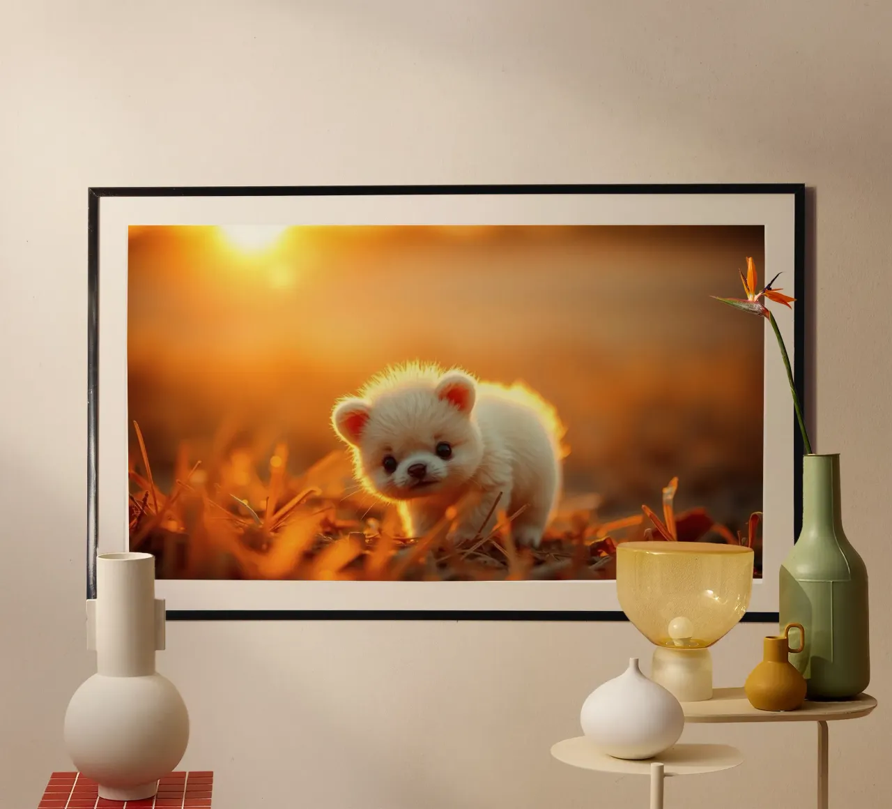 Cucciolo carino che cammina nell'erba, ora d'oro con la luce del sole poster da DesignDoodle