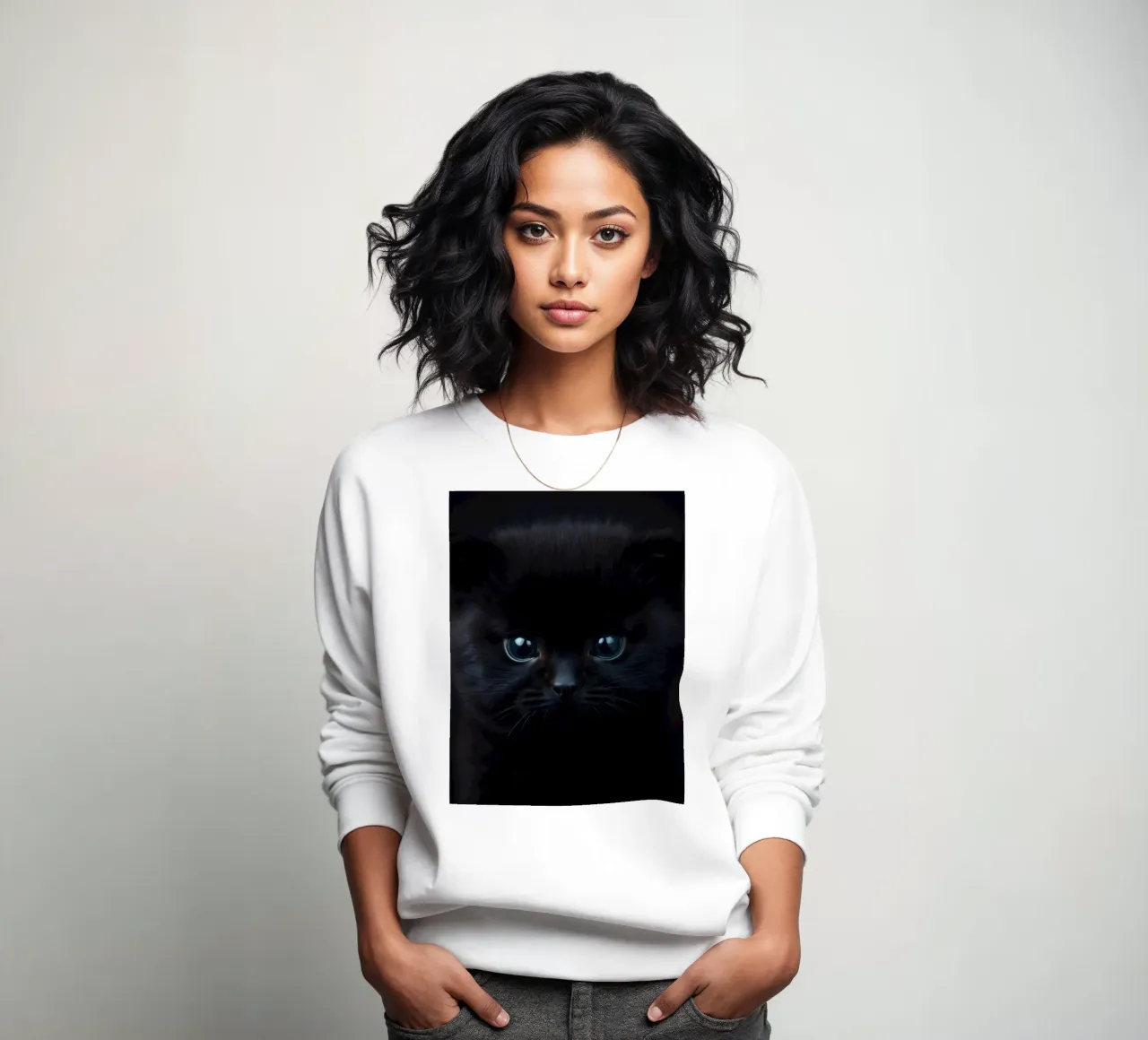 Chaton noir aux yeux bleus regardant curieusement sur un fond sombre. sweat de DesignDoodle