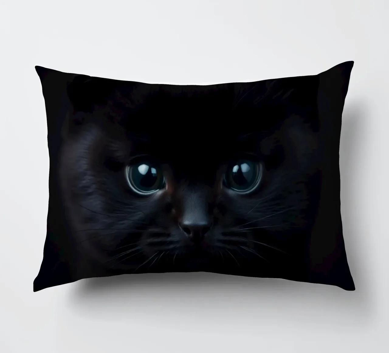 Black kitten with blue eyes gazing curiously against a dark decorative cushion by DesignDoodle
