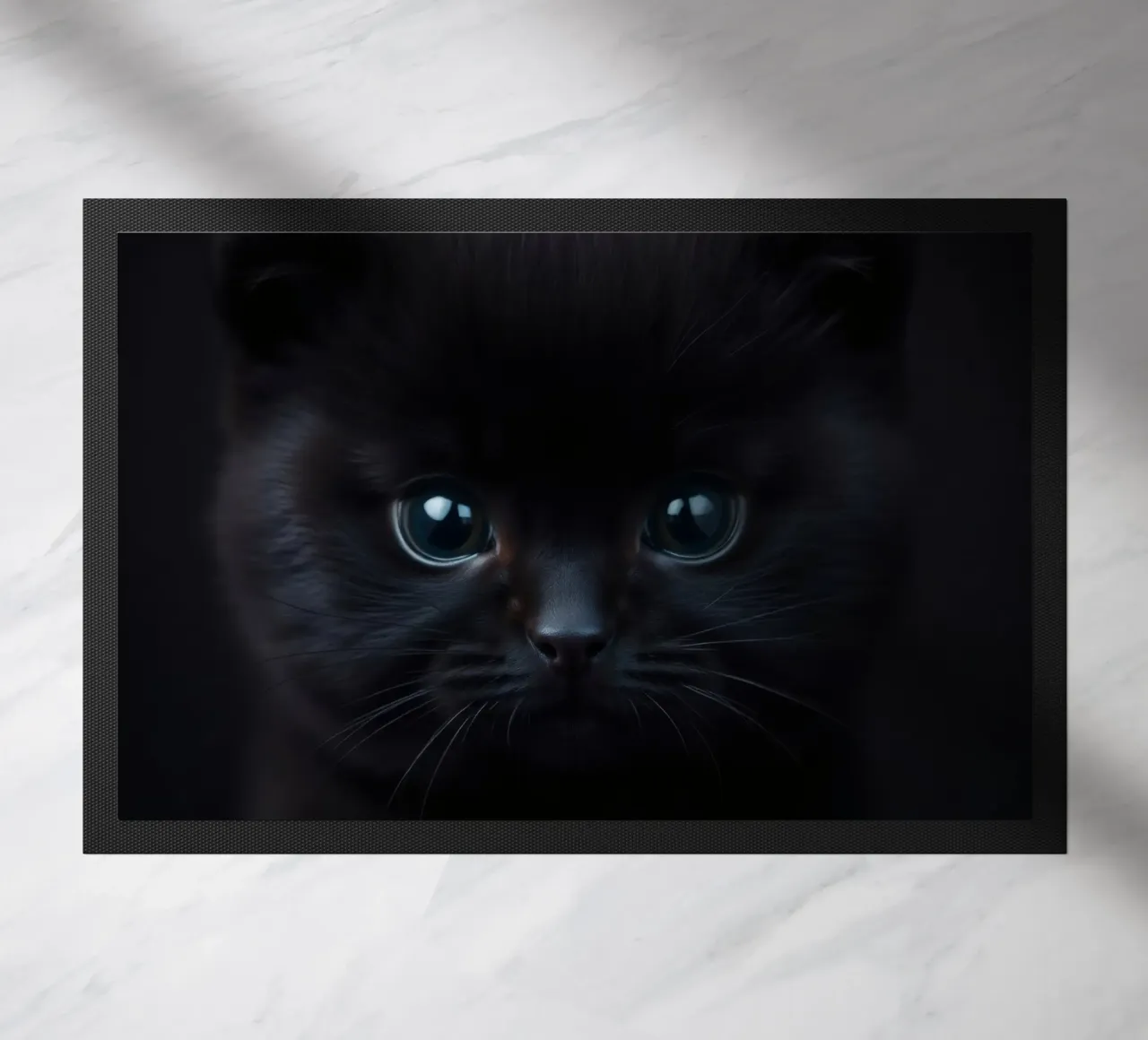 Chaton noir aux yeux bleus regardant curieusement sur un fond sombre. paillasson de DesignDoodle