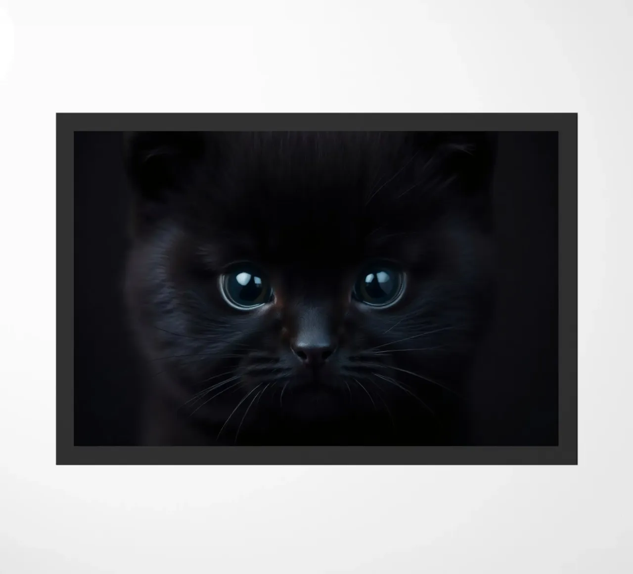 Chaton noir aux yeux bleus regardant curieusement sur un fond sombre. paillasson de DesignDoodle