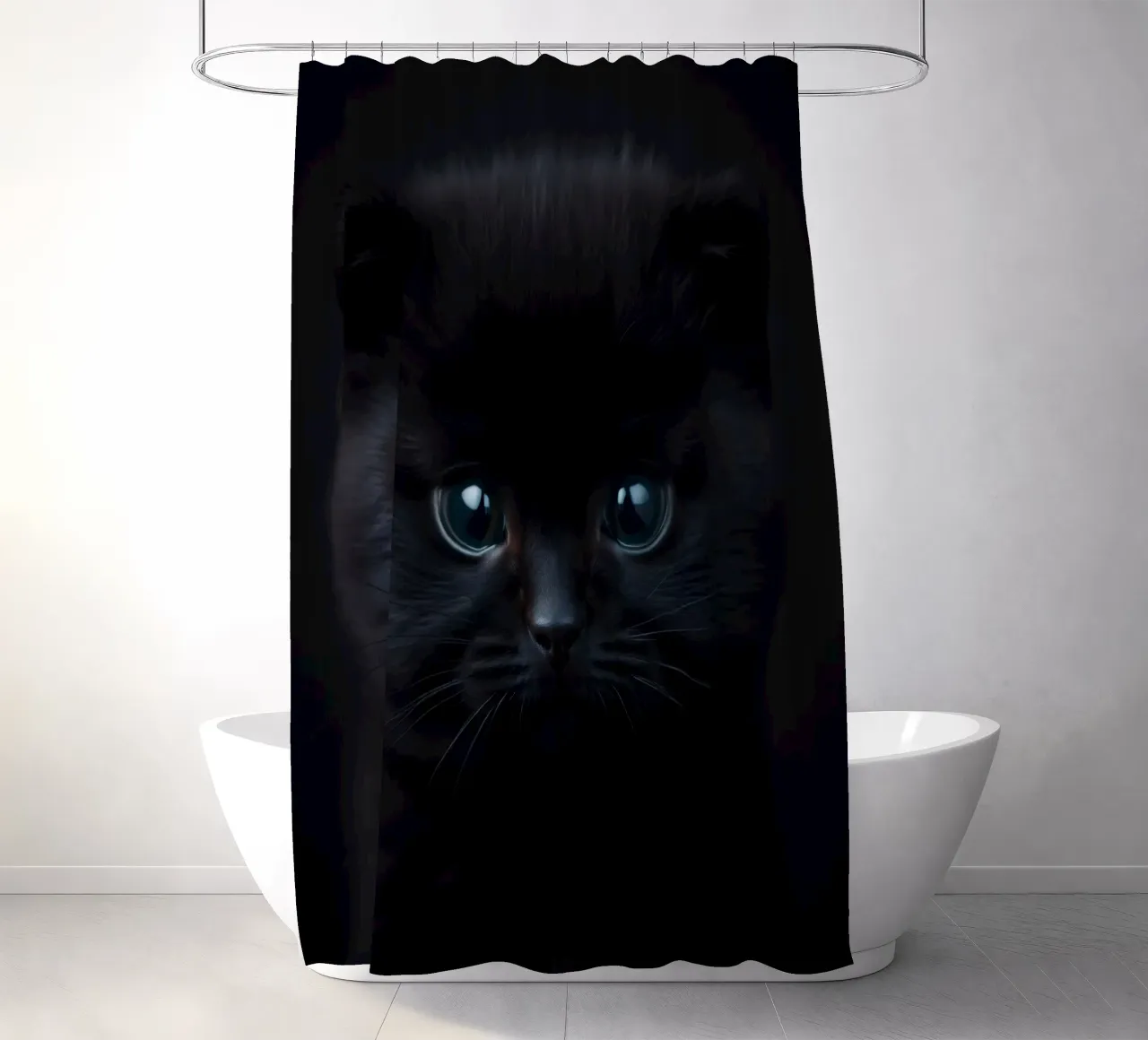 Black kitten with blue eyes gazing curiously against a dark shower curtain by DesignDoodle