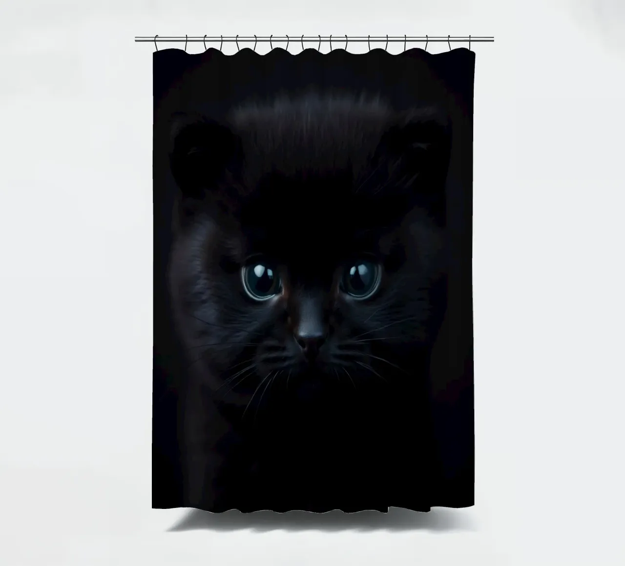 Black kitten with blue eyes gazing curiously against a dark shower curtain by DesignDoodle