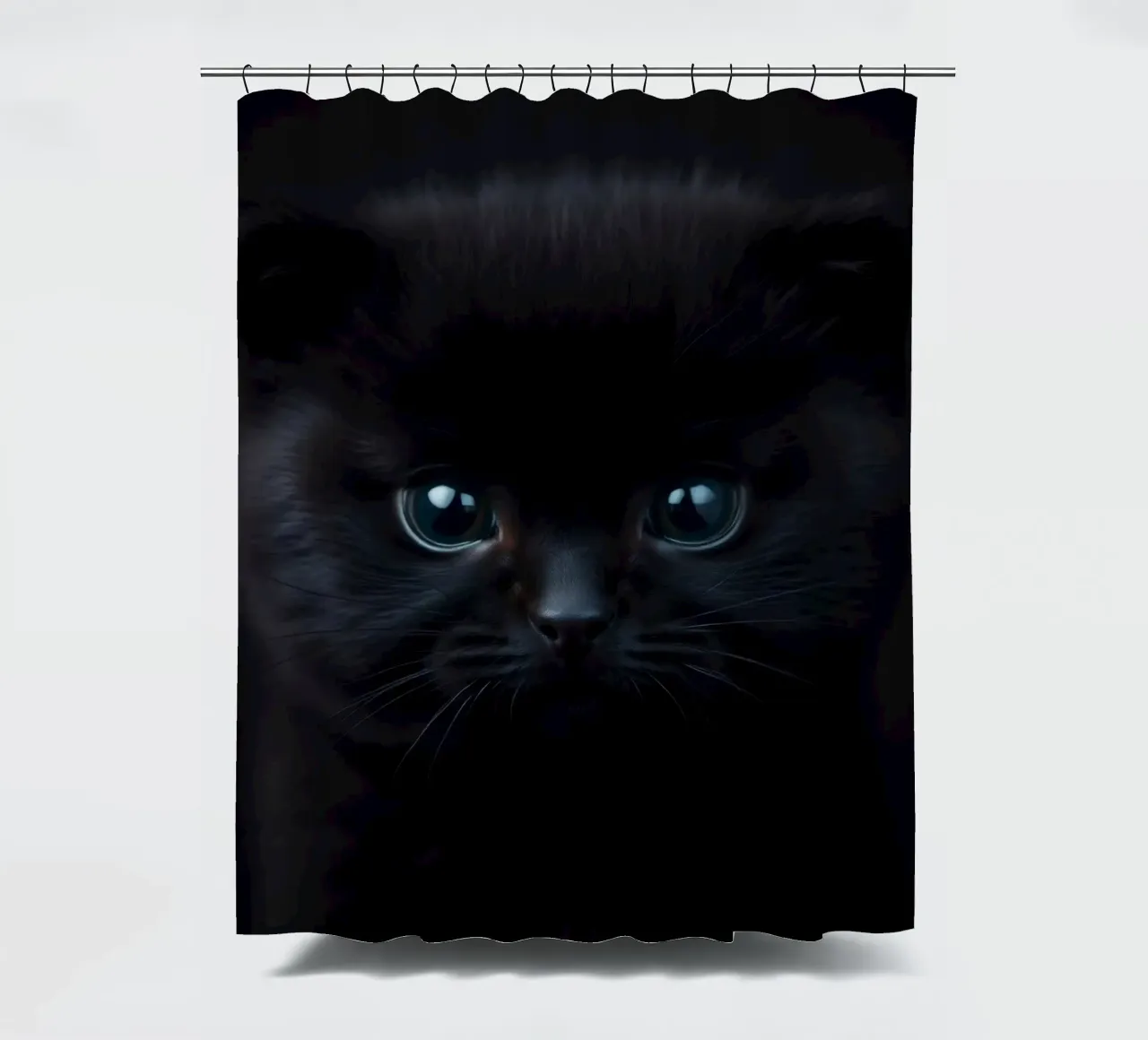 Black kitten with blue eyes gazing curiously against a dark shower curtain by DesignDoodle