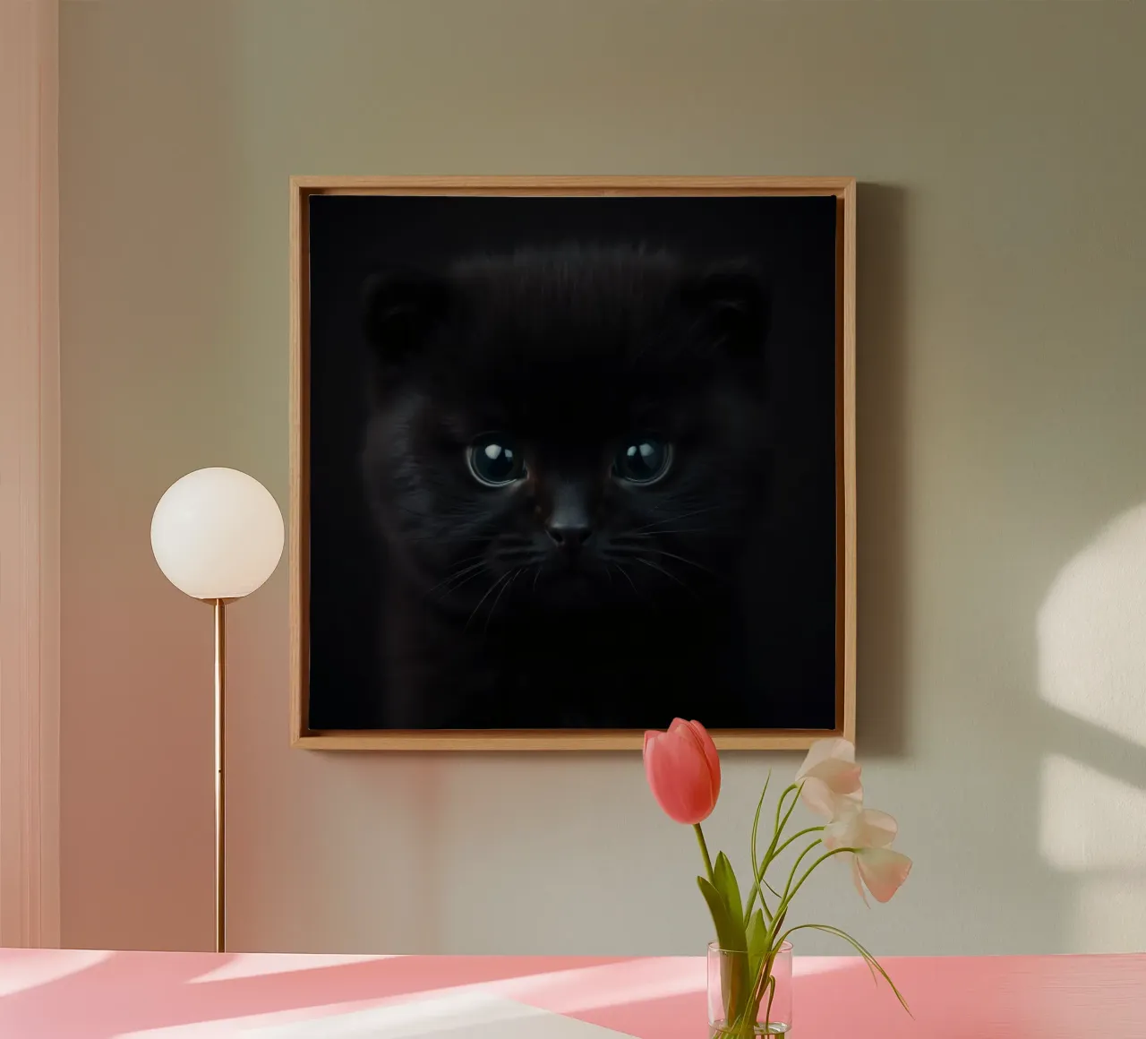 Chaton noir aux yeux bleus regardant curieusement sur un fond sombre. toile de DesignDoodle