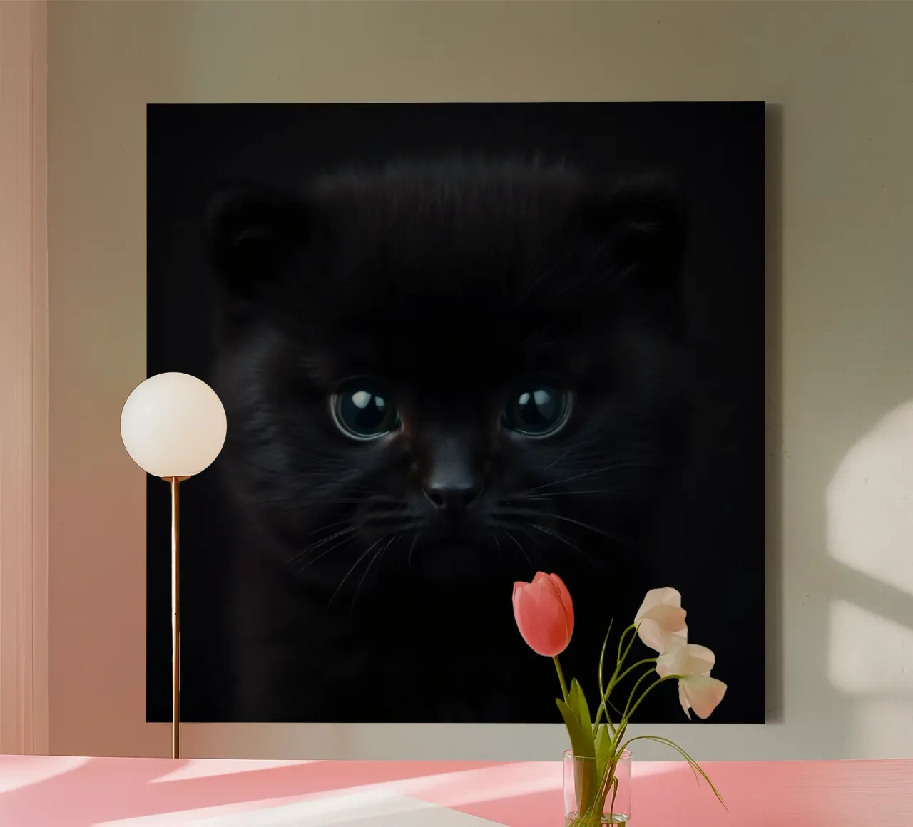 Chaton noir aux yeux bleus regardant curieusement sur un fond sombre. toile de DesignDoodle