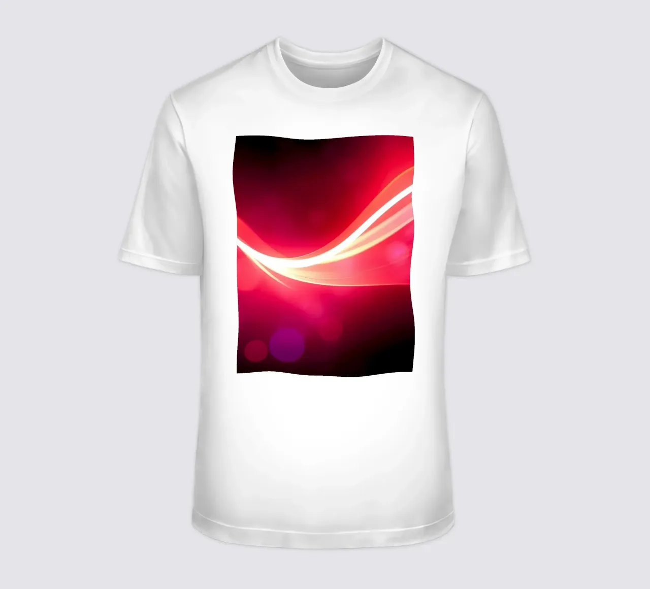light waves dance in colorful patterns against a dark art t-shirt by DesignDoodle