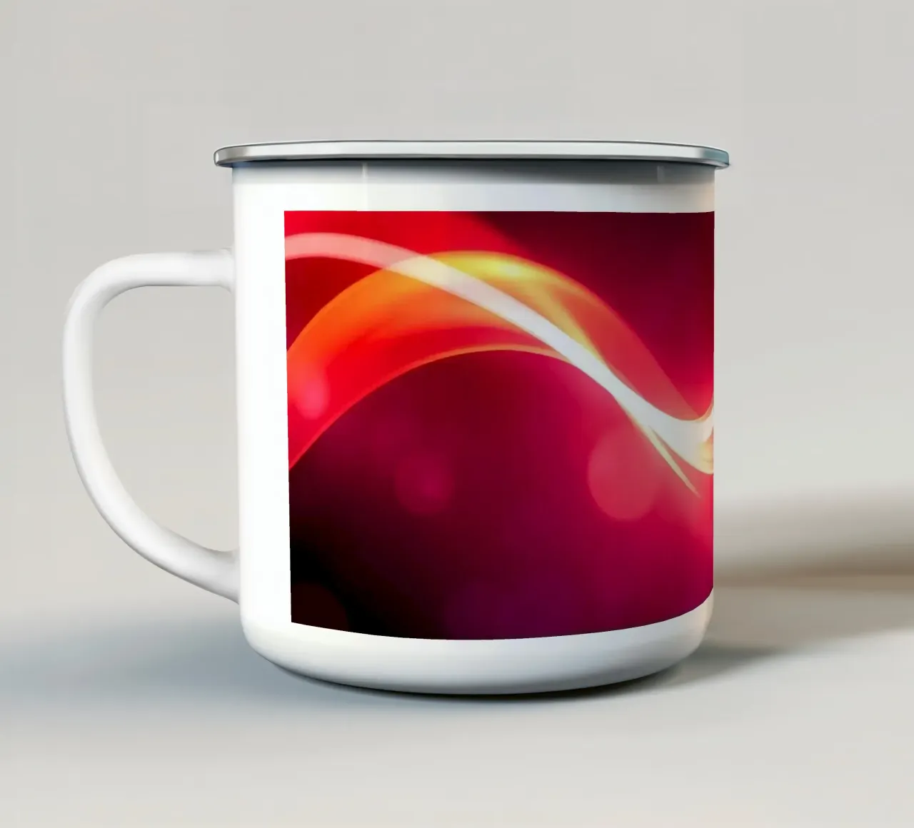 light waves dance in colorful patterns against a dark art enamel mug by DesignDoodle