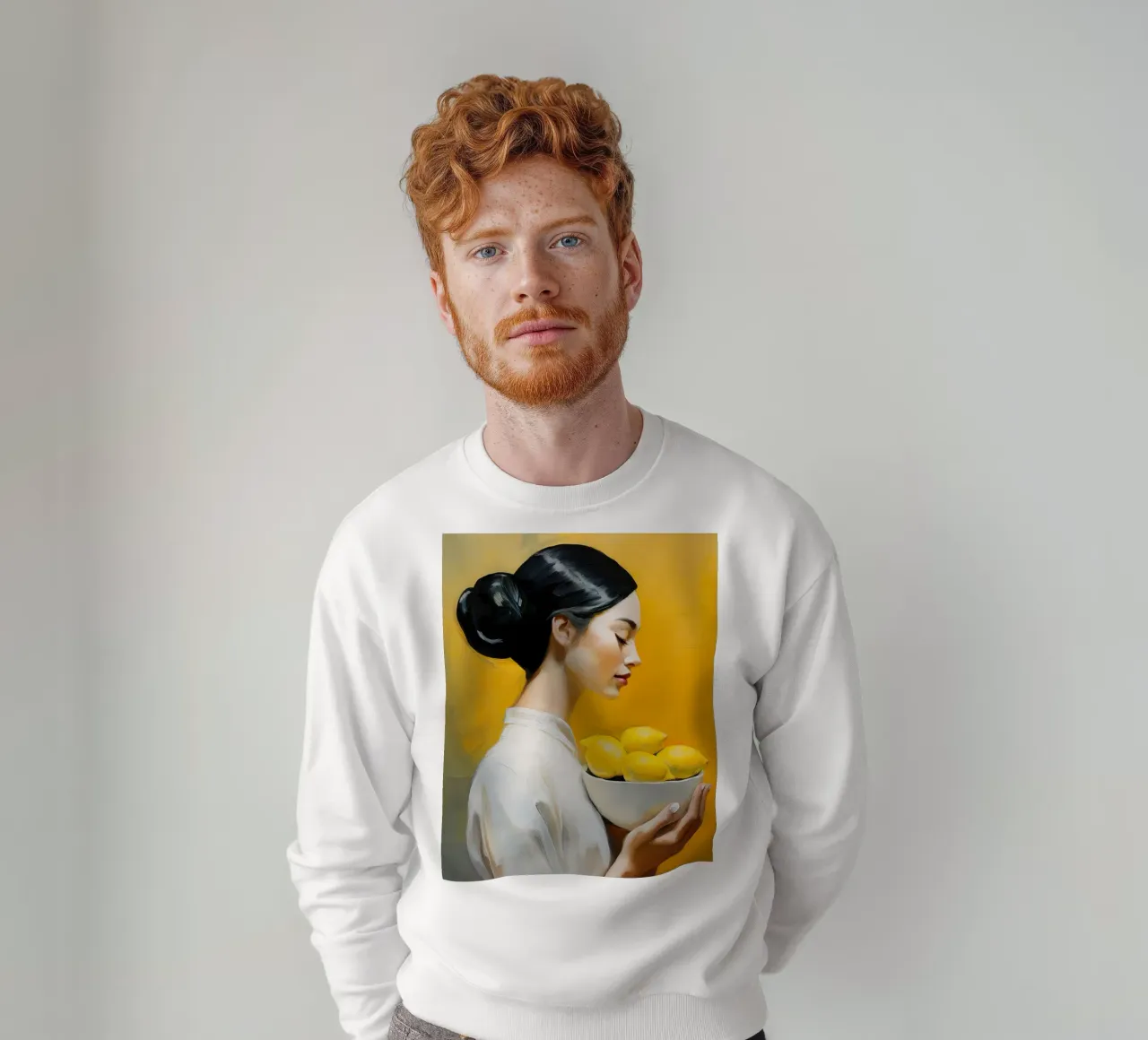 Ritratto di donna con una ciotola di limoni tra le mani felpa da Take Your Art BV