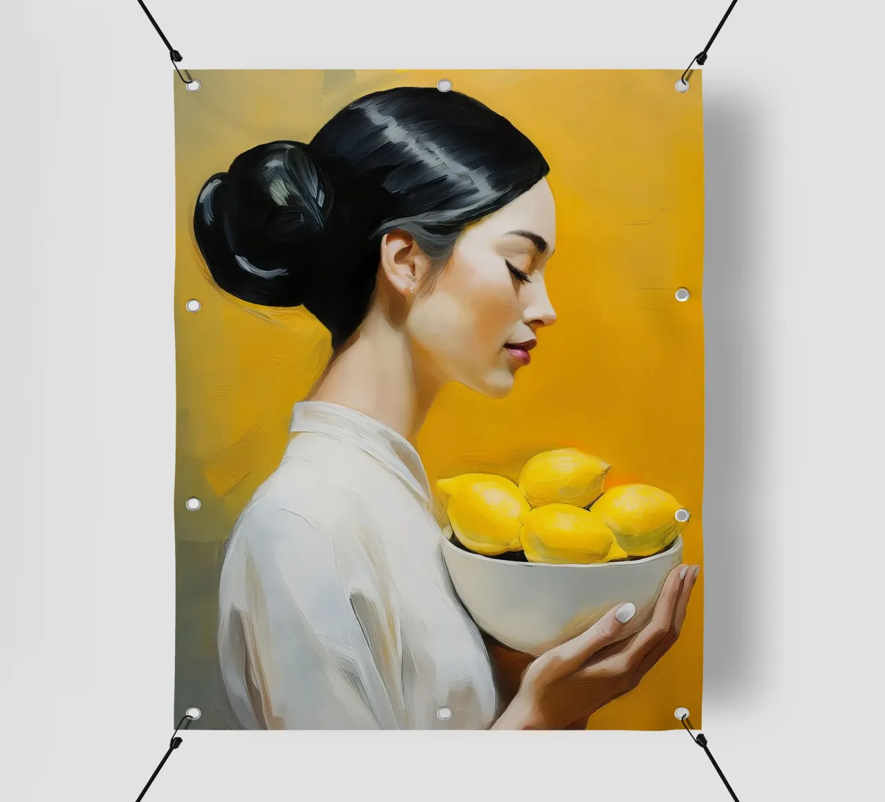 Ritratto di donna con una ciotola di limoni tra le mani telo in pvc da Take Your Art BV