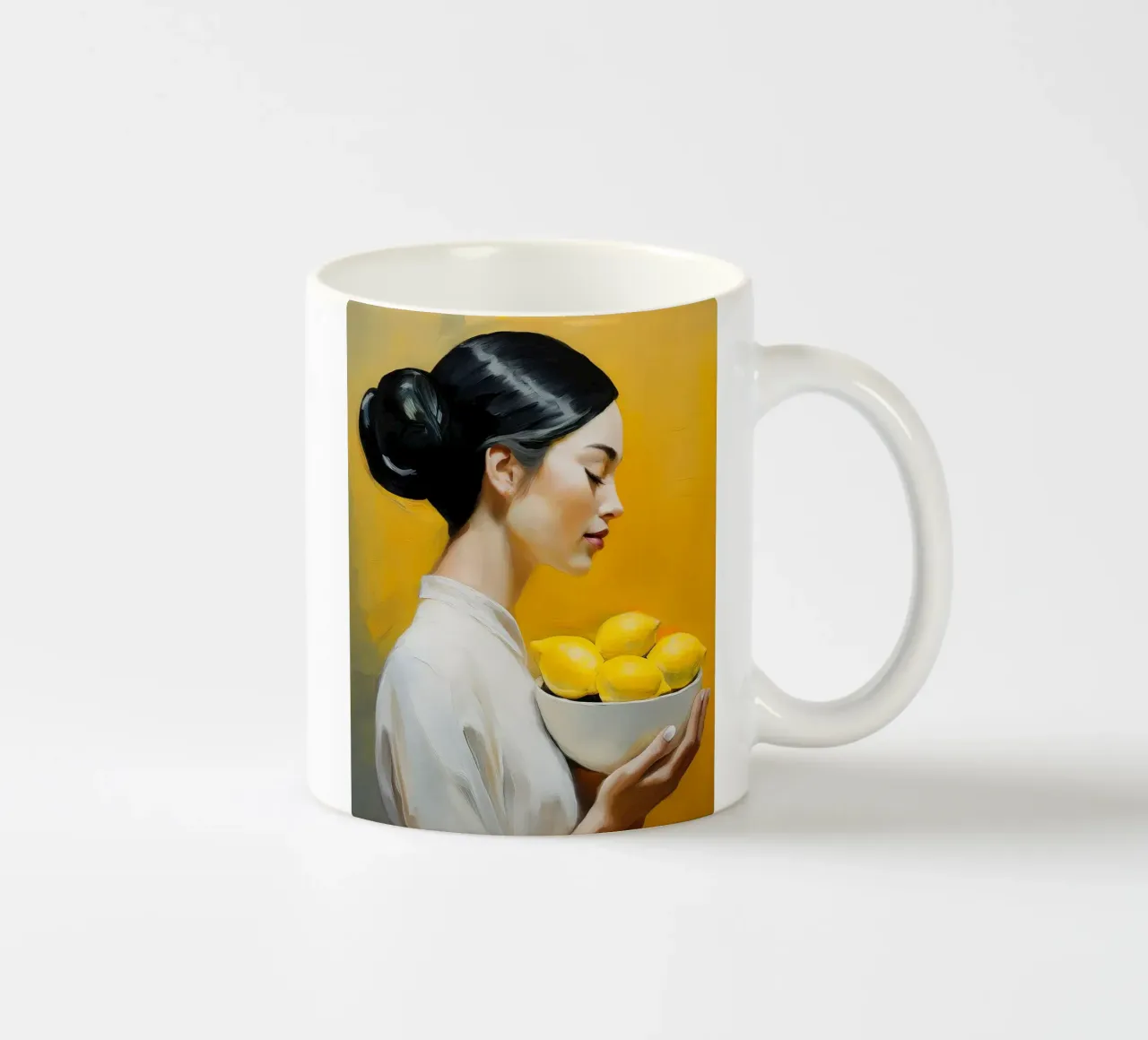 Ritratto di donna con una ciotola di limoni tra le mani tazza in ceramica da Take Your Art BV