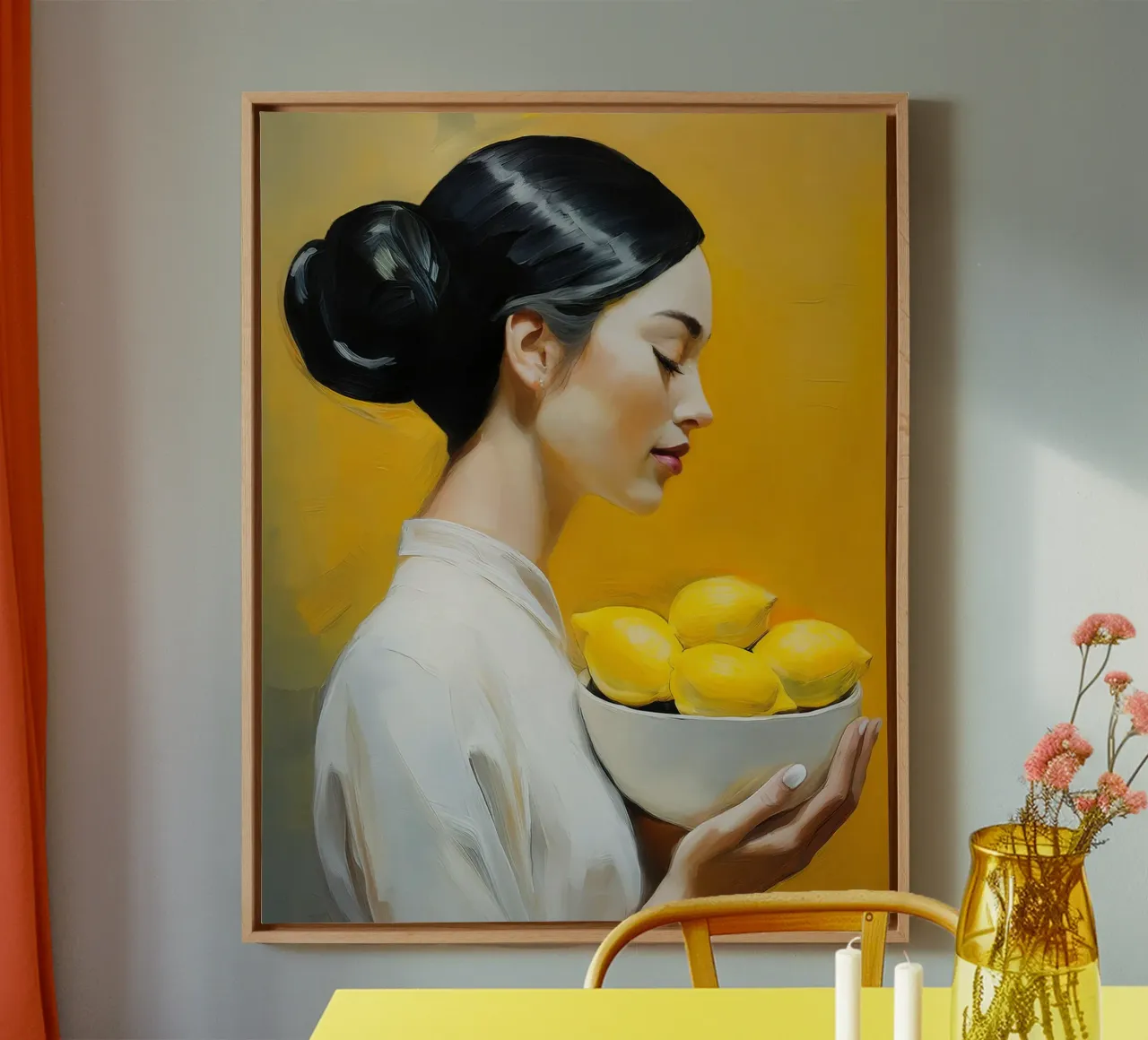 Ritratto di donna con una ciotola di limoni tra le mani tela con Cornice a cassetta da Take Your Art BV