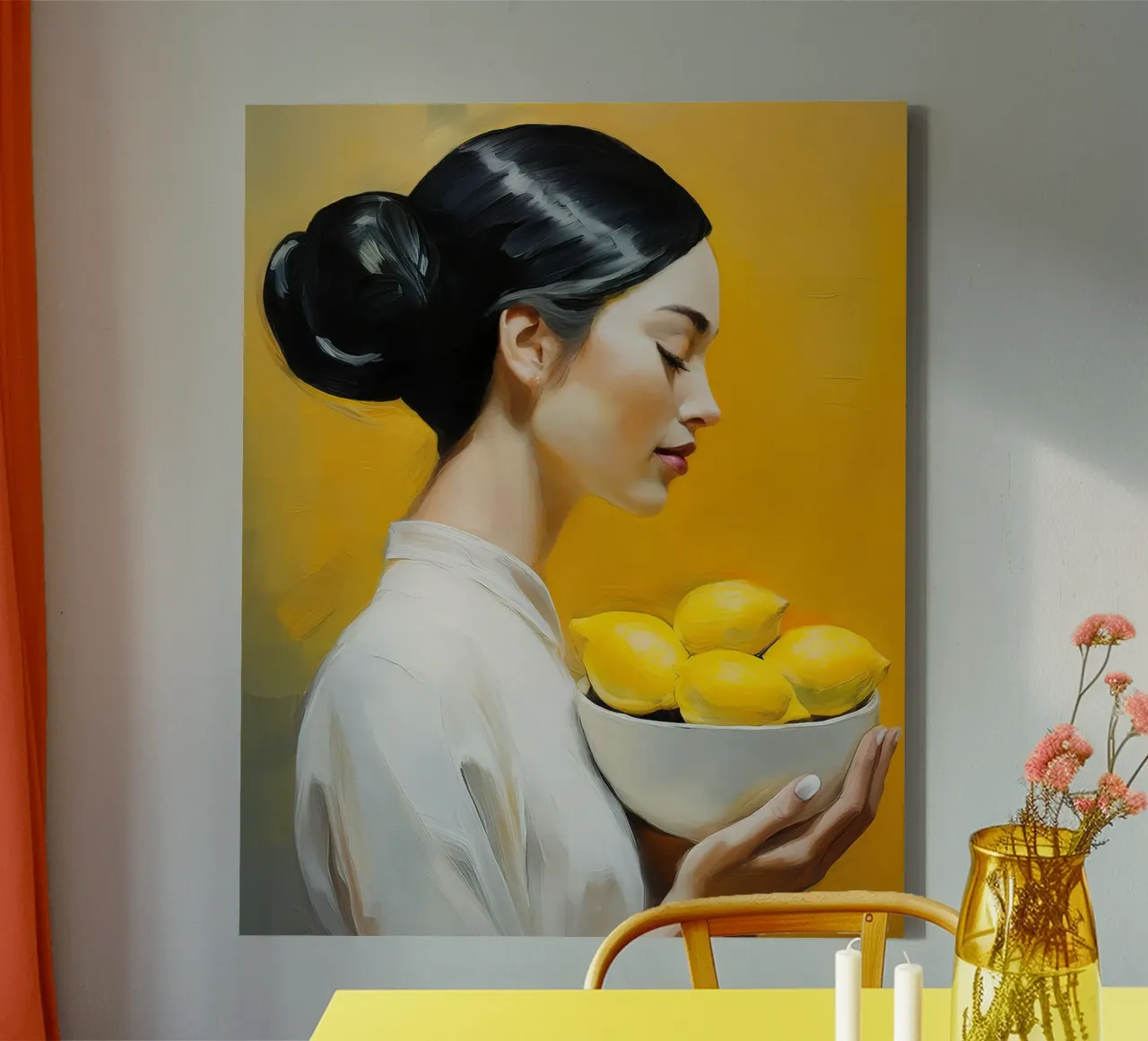 Ritratto di donna con una ciotola di limoni tra le mani tela con Cornice a cassetta da Take Your Art BV