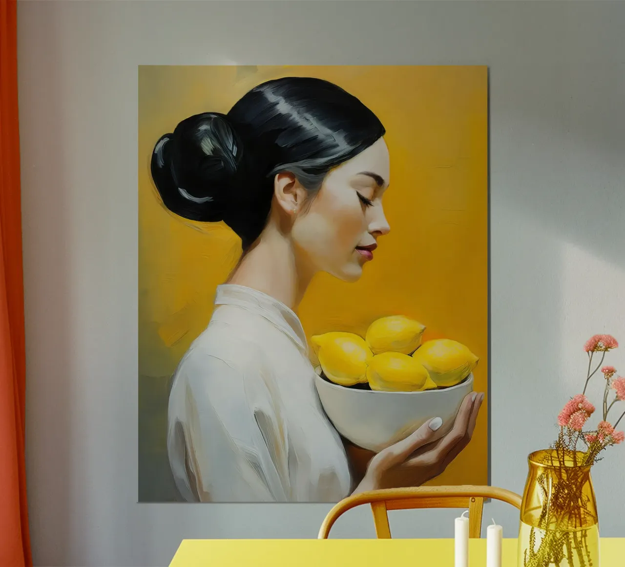 Portrait femme avec un bol de citrons dans les mains hahnemühle de Take Your Art BV