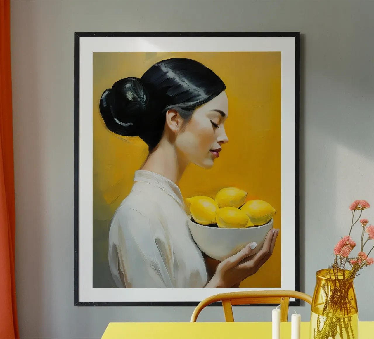 Portrait femme avec un bol de citrons dans les mains hahnemühle de Take Your Art BV