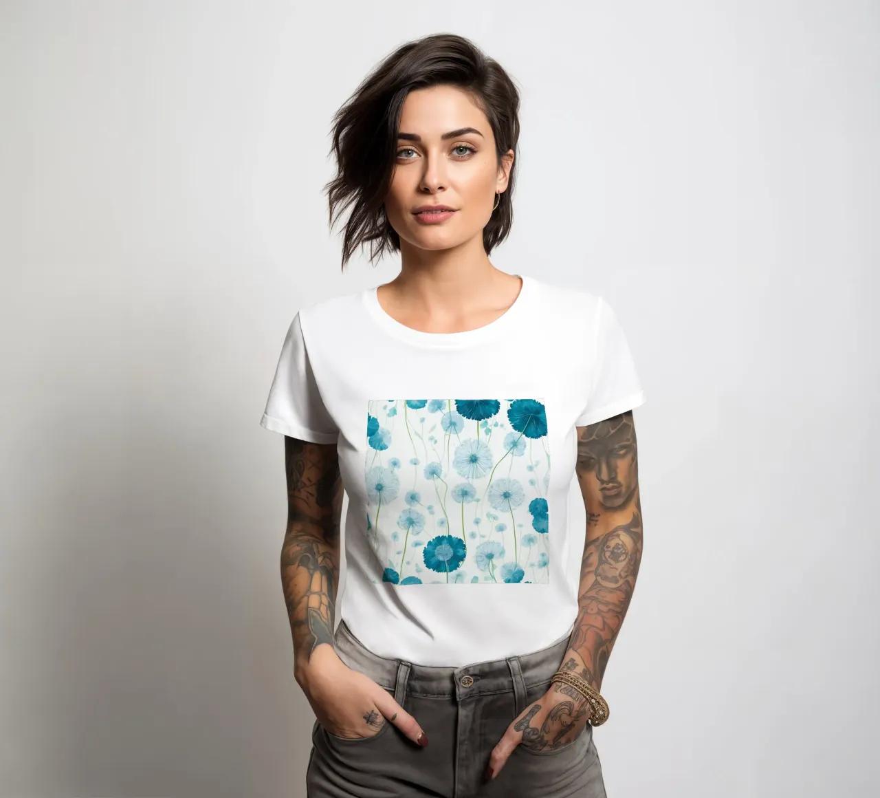 Verdant Dandelions women's fitted t-shirt by Botanical Pattern House