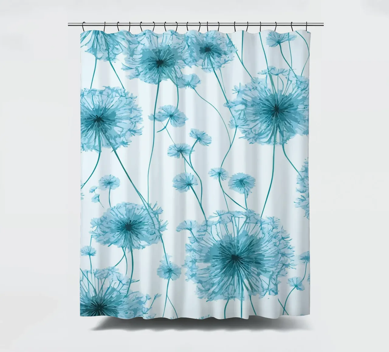 Brezza di dente di leone in blu tenda da doccia da Botanical Pattern House