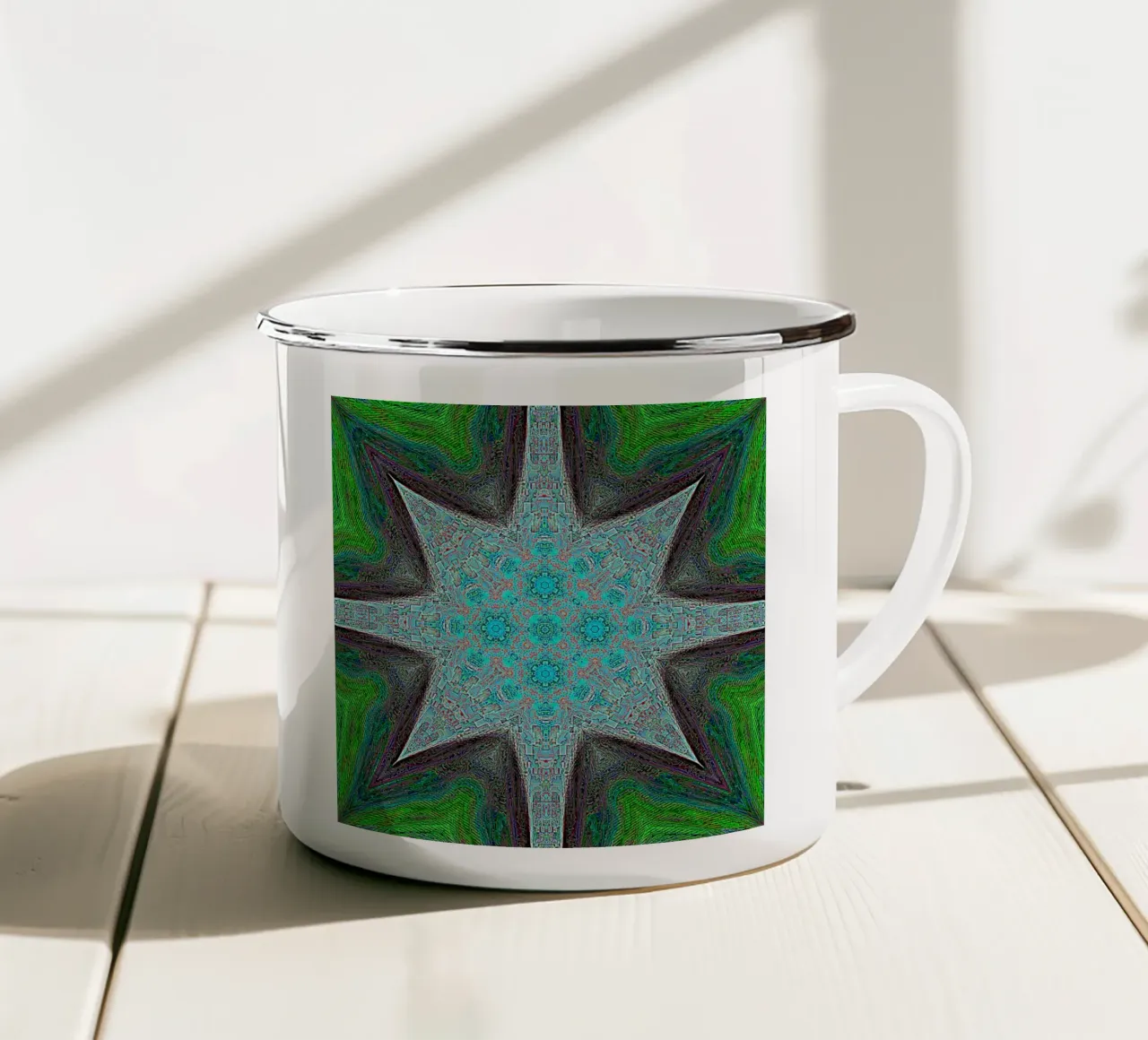 Étoile complexe, textures et formes en turquoise/noir/vert mug en émail de Gürsel Yesil Digital Art