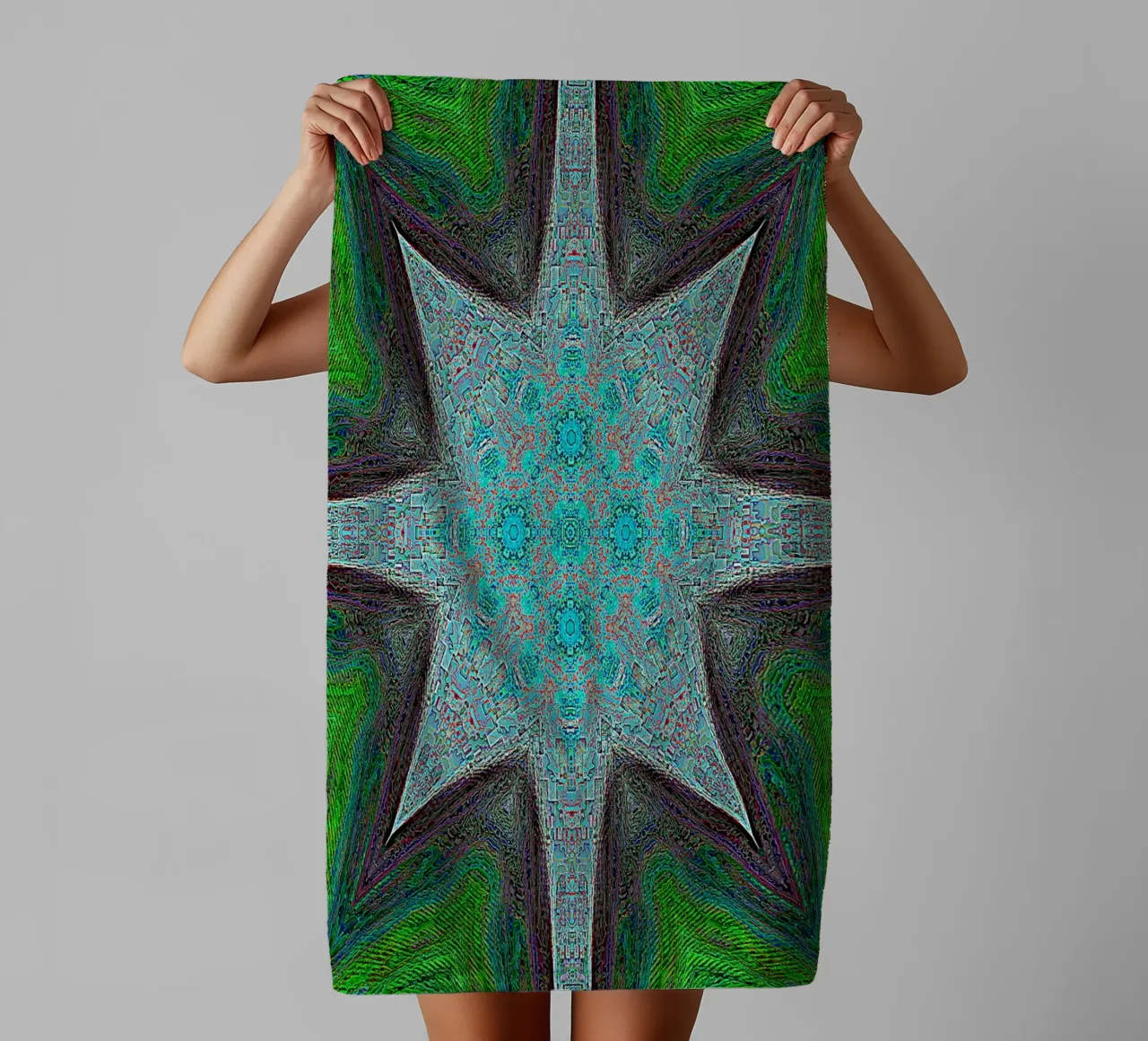 Étoile complexe, textures et formes en turquoise/noir/vert serviette de bain de Gürsel Yesil Digital Art