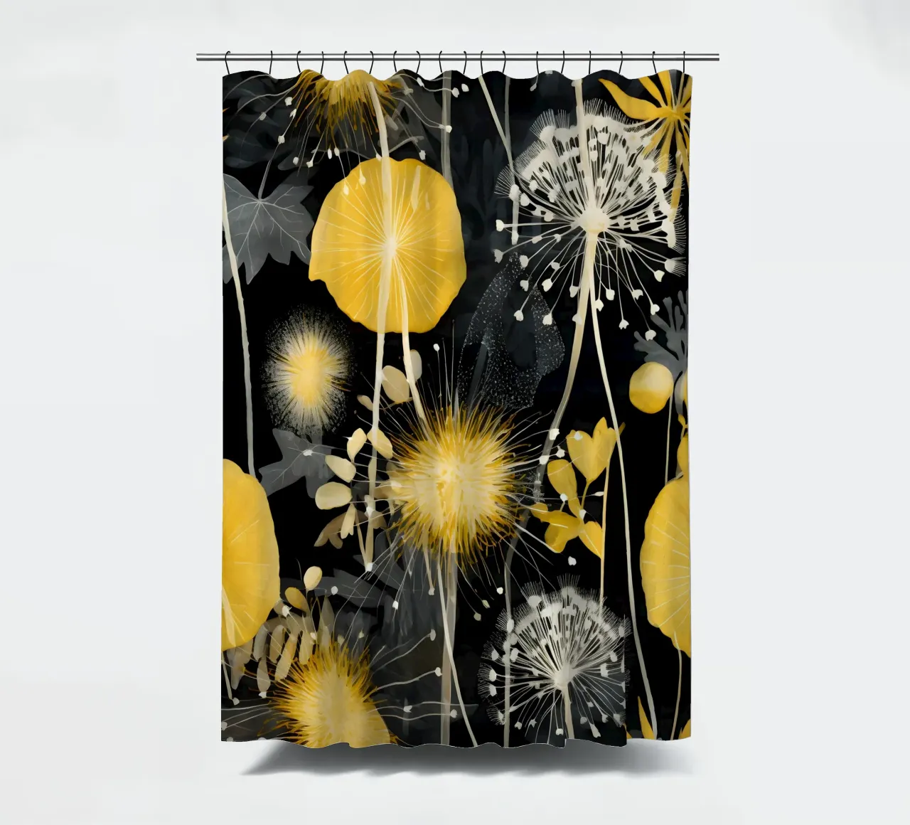 Dandelion Black shower curtain by Botanical Pattern House